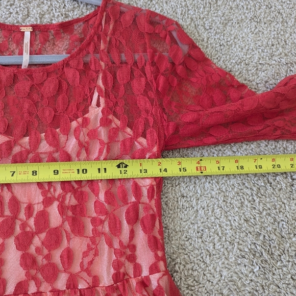 Free People Floral Embroidered Mesh Lace Mini Dress Pleated Red Women's Size 4 - Picture 9 of 13